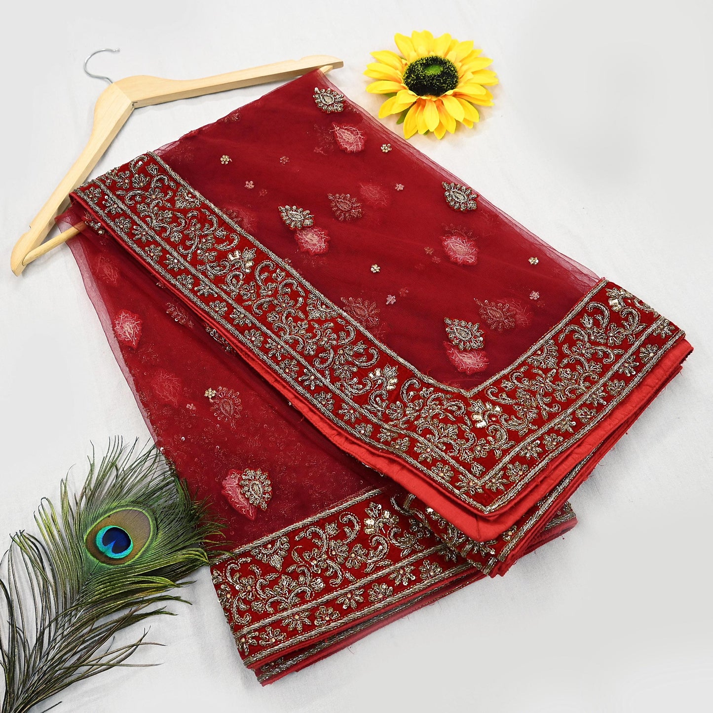 Indian Vintage Heavy Red Dupatta Net Mesh Long Stole Hand Embroidered Scarves Golden Zardozi Dabka Zari Stole Bridal/ Wedding veil