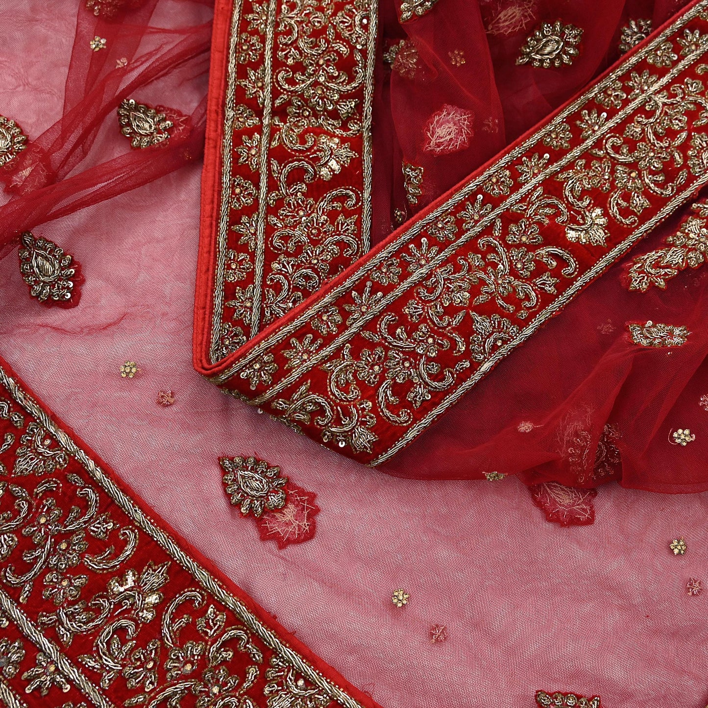 Indian Vintage Heavy Red Dupatta Net Mesh Long Stole Hand Embroidered Scarves Golden Zardozi Dabka Zari Stole Bridal/ Wedding veil