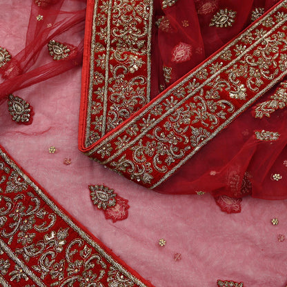 Indian Vintage Heavy Red Dupatta Net Mesh Long Stole Hand Embroidered Scarves Golden Zardozi Dabka Zari Stole Bridal/ Wedding veil