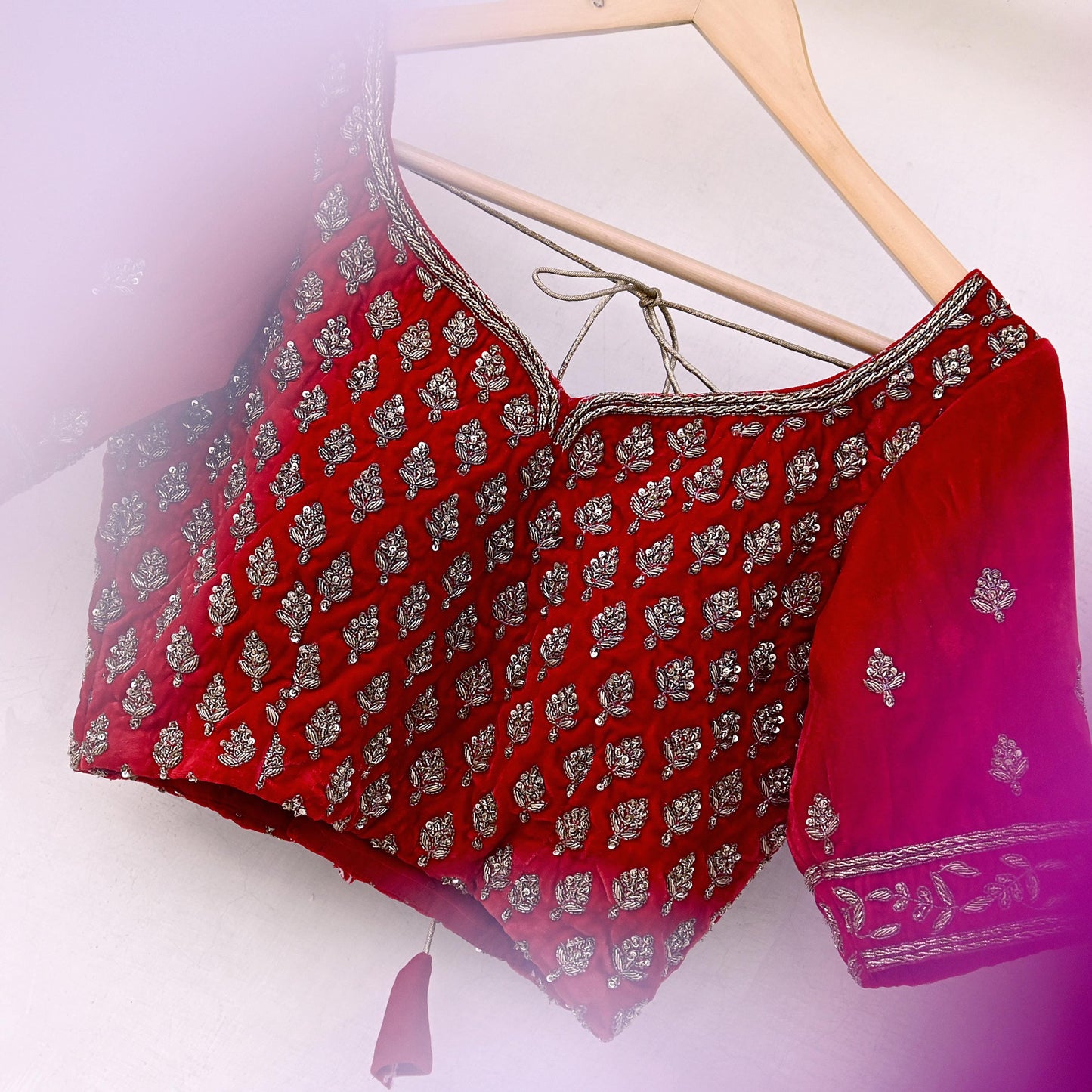 Indian Pre-owned Red Velvet Hand Embroidered Padded Blouse/Top/Crop M to L Size Party wear Bollywood