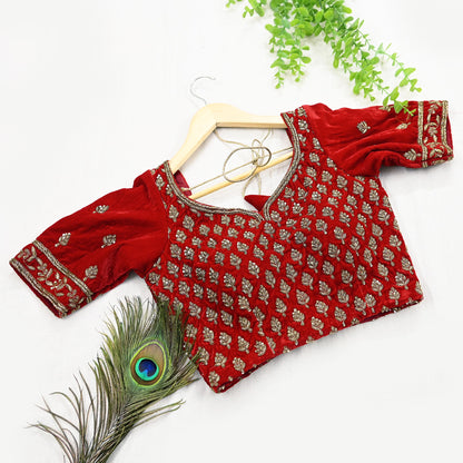 Indian Pre-owned Red Velvet Hand Embroidered Padded Blouse/Top/Crop M to L Size Party wear Bollywood
