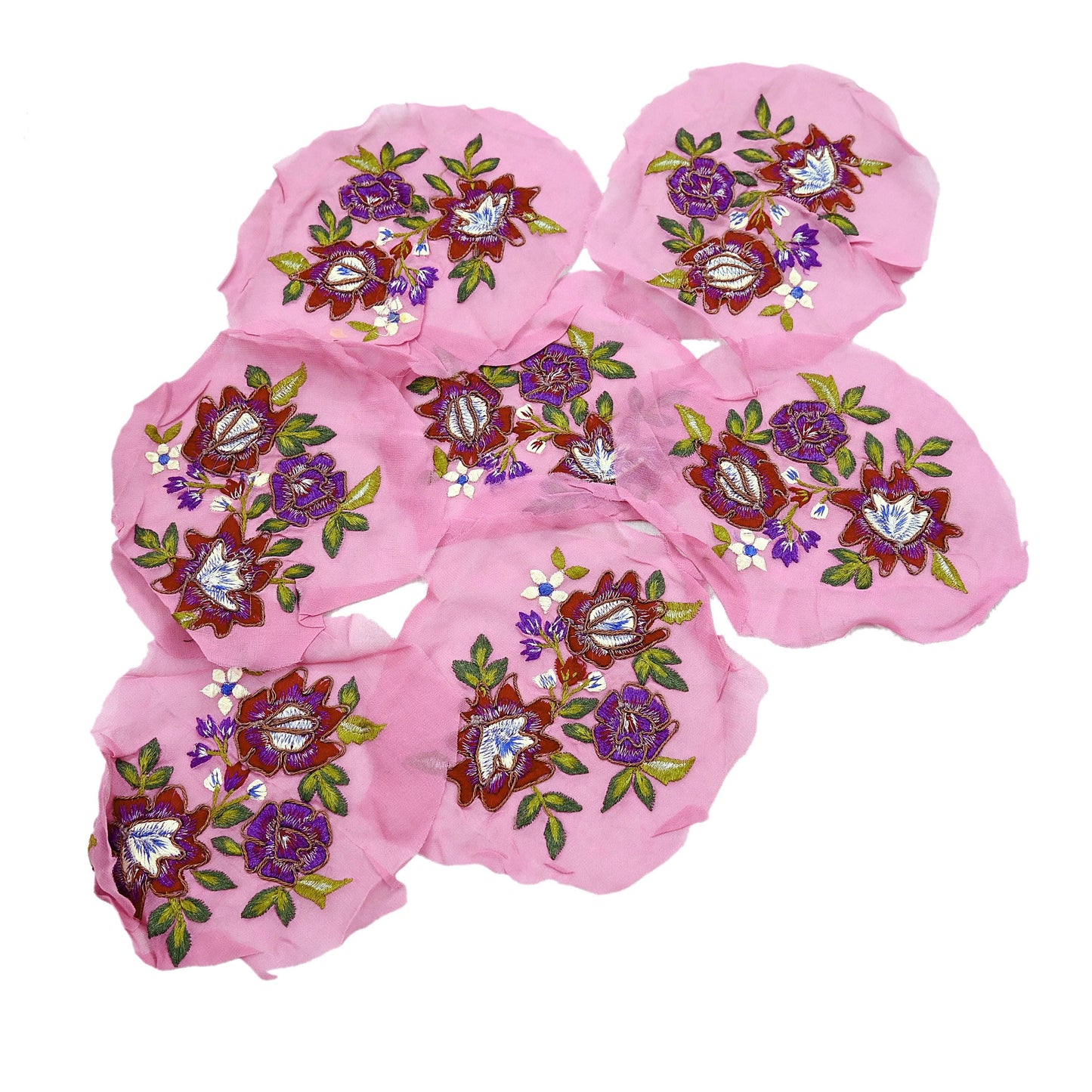 Indian Vintage Pink pure Georgette Silk Rare Appliques - set of 7 Embroidered VERY OLD ANTIQUE Snippets Remnants Craft Journals