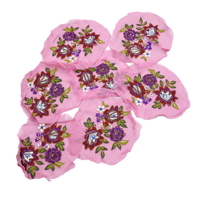 Indian Vintage Pink pure Georgette Silk Rare Appliques - set of 7 Embroidered VERY OLD ANTIQUE Snippets Remnants Craft Journals