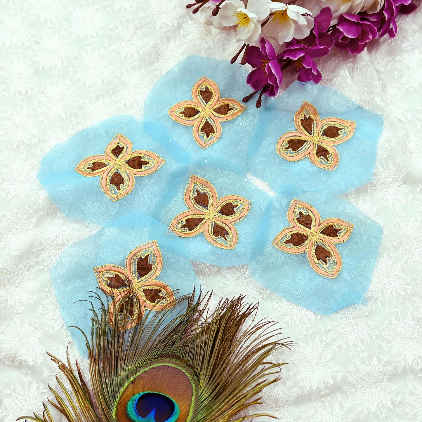 Indian Vintage Blue Georgette Rare Appliques - set of 6 Embroidered VERY OLD ANTIQUE Snippets Remnants Craft Journals