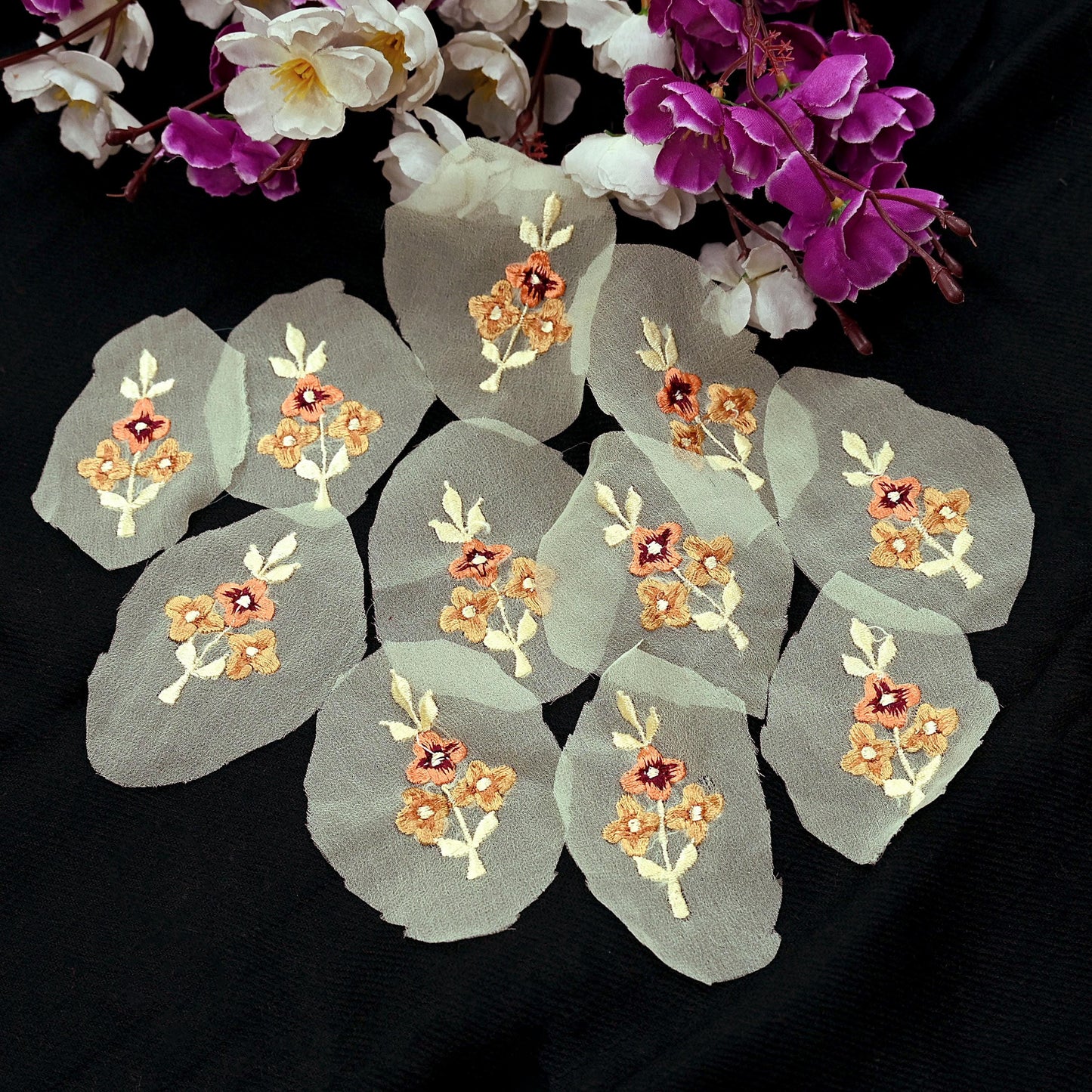 Indian Vintage Yellow Georgette Rare Appliques - set of 10 Embroidered VERY OLD ANTIQUE Snippets Remnants Craft Journals