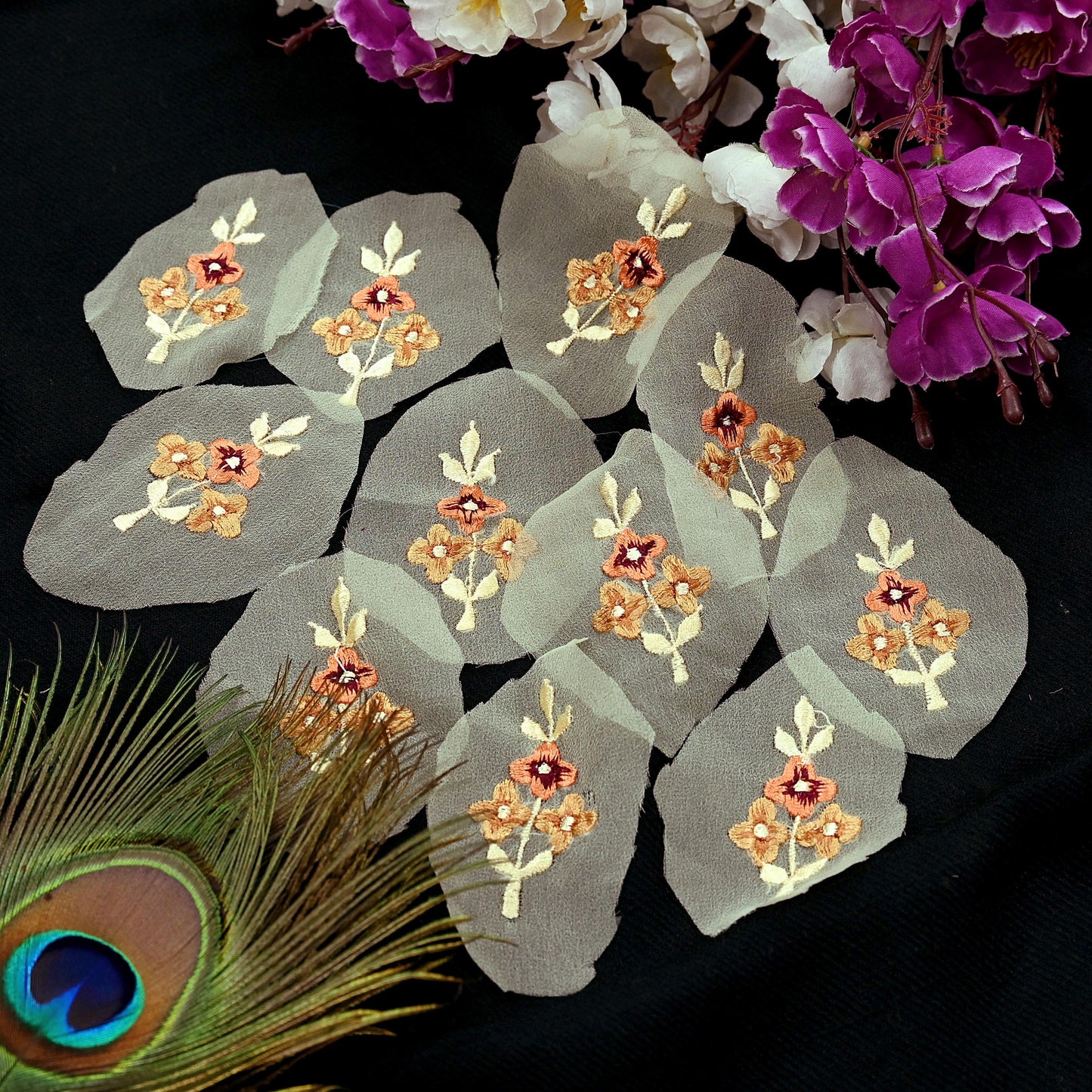 Indian Vintage Yellow Georgette Rare Appliques - set of 10 Embroidered VERY OLD ANTIQUE Snippets Remnants Craft Journals