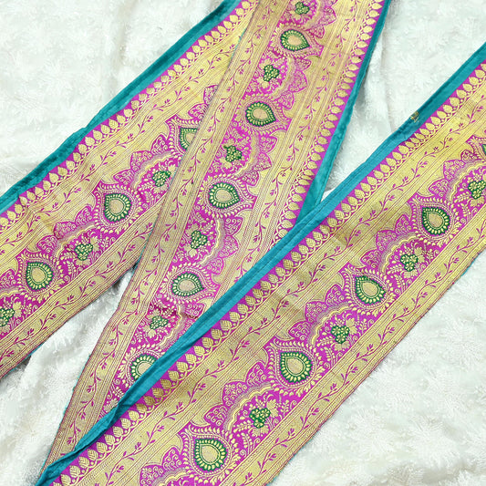 Indian Vintage Magenta Sari Border Woven Banarasi 1yd Trim Craft Sewing Recycled Sari Border Zari Pure Silk Home Decor Crafting