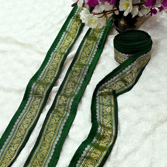 Indian Vintage Sari Border Green Woven Kanjivaram Sari 1yd Trim Craft Sewing Recycled Sari Border Zari Pure Silk Home Decor Crafting