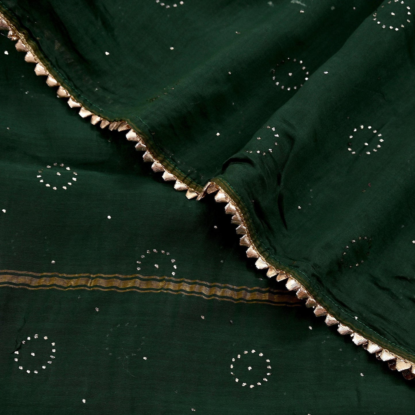 Indian Vintage Dupatta Bottle Green Long Stole mukesh Pure Chanderi silk Scarves Veil Golden Zari Soft Stripes Design