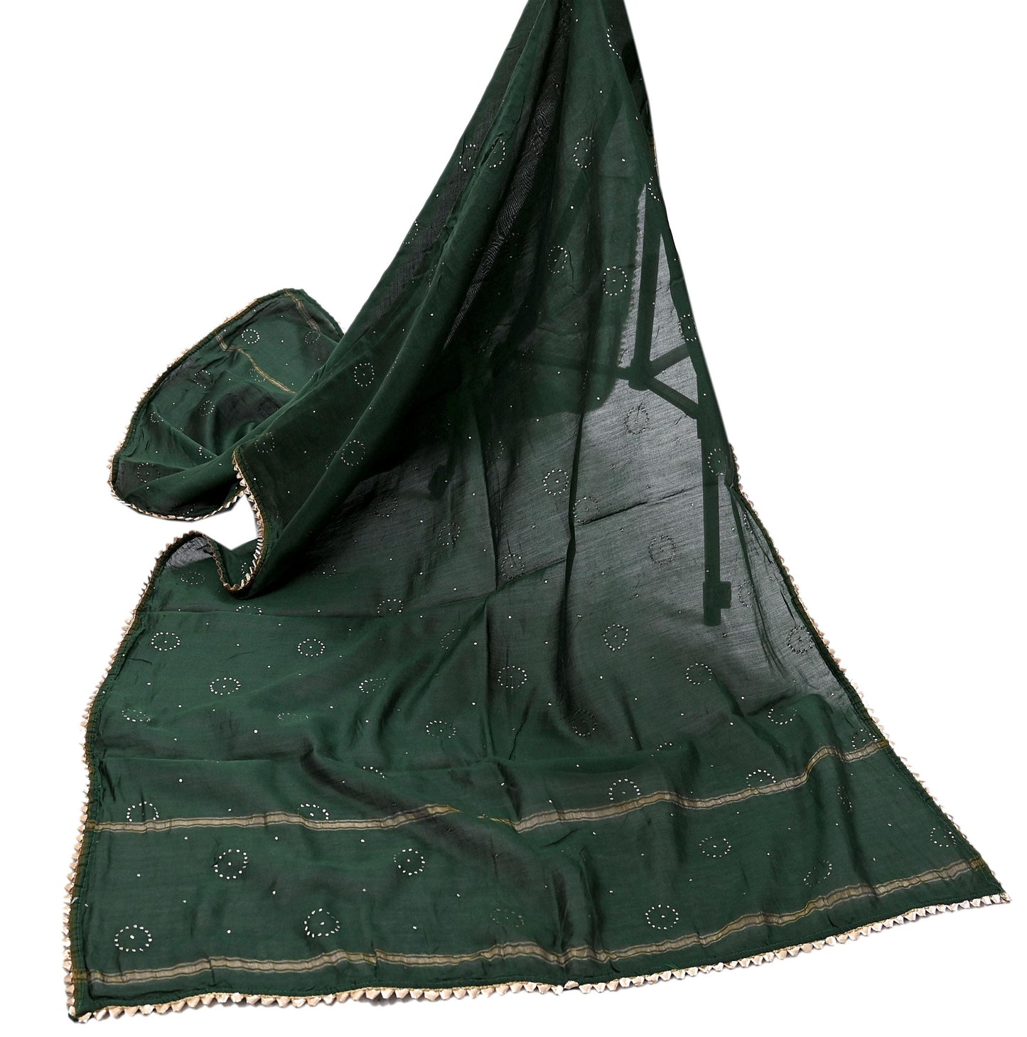 Indian Vintage Dupatta Bottle Green Long Stole mukesh Pure Chanderi silk Scarves Veil Golden Zari Soft Stripes Design