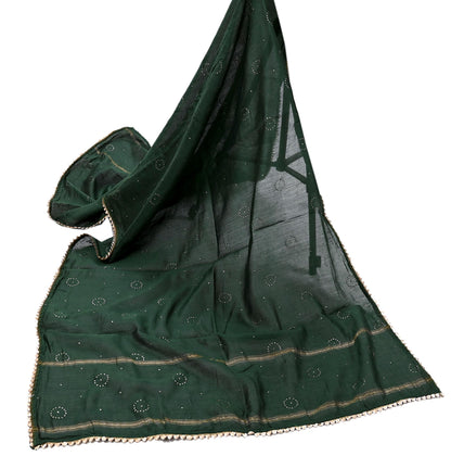 Indian Vintage Dupatta Bottle Green Long Stole mukesh Pure Chanderi silk Scarves Veil Golden Zari Soft Stripes Design