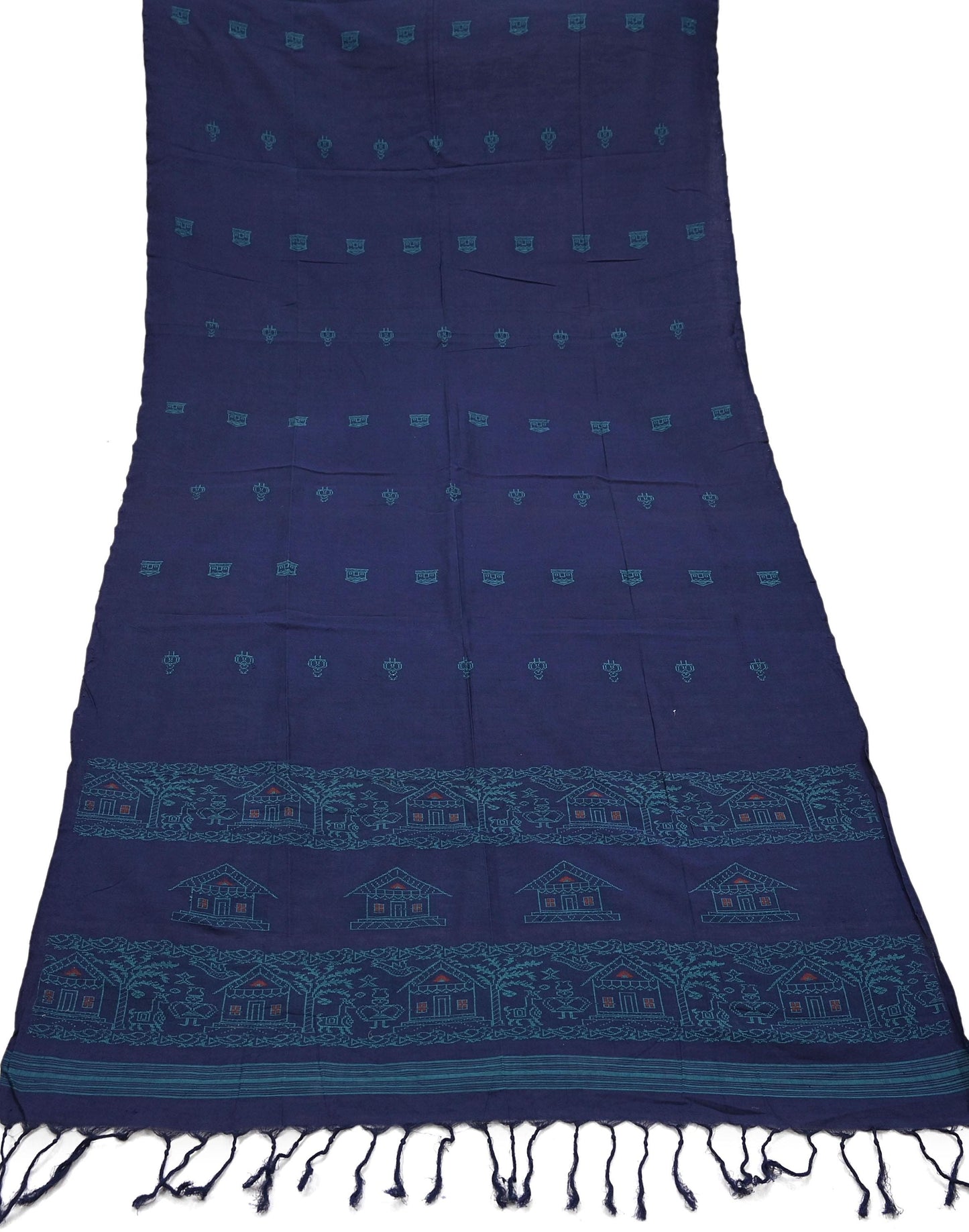 Indian Vintage Blue Dupatta Long Stole Woven Pure Cotton Scarves Veil Soft Fringes