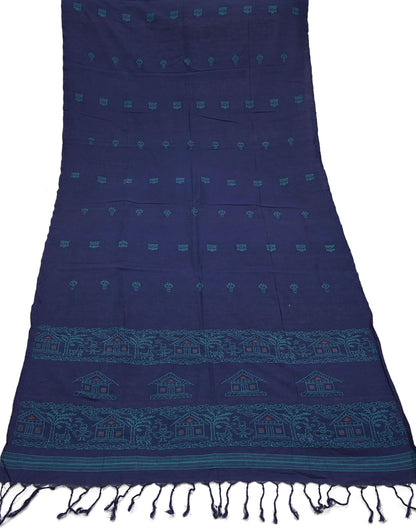 Indian Vintage Blue Dupatta Long Stole Woven Pure Cotton Scarves Veil Soft Fringes