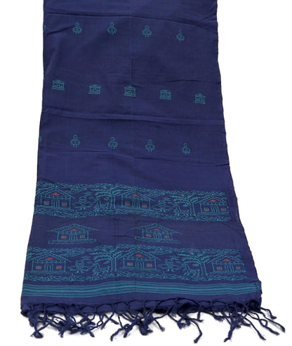 Indian Vintage Blue Dupatta Long Stole Woven Pure Cotton Scarves Veil Soft Fringes