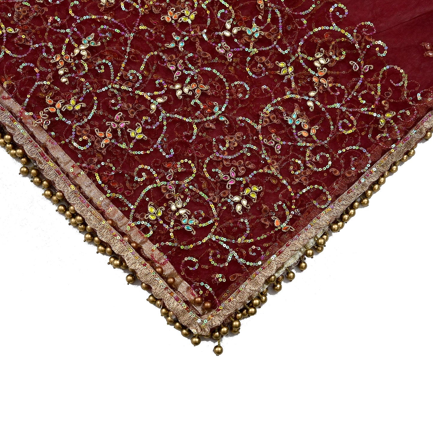 Vintage Bridal Heavy Maroon Net Dupatta Hand Embroidered Zardozi, Dabka, Zari, Sequins Work Wedding Veil Stole