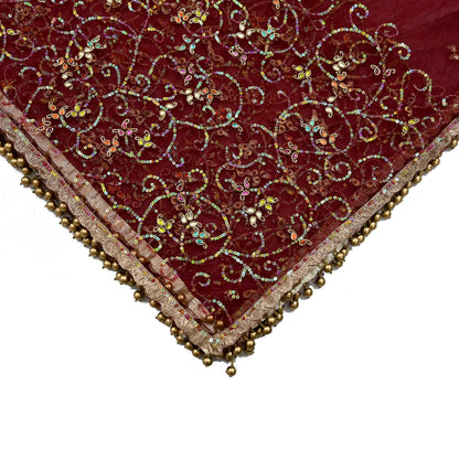 Vintage Bridal Heavy Maroon Net Dupatta Hand Embroidered Zardozi, Dabka, Zari, Sequins Work Wedding Veil Stole