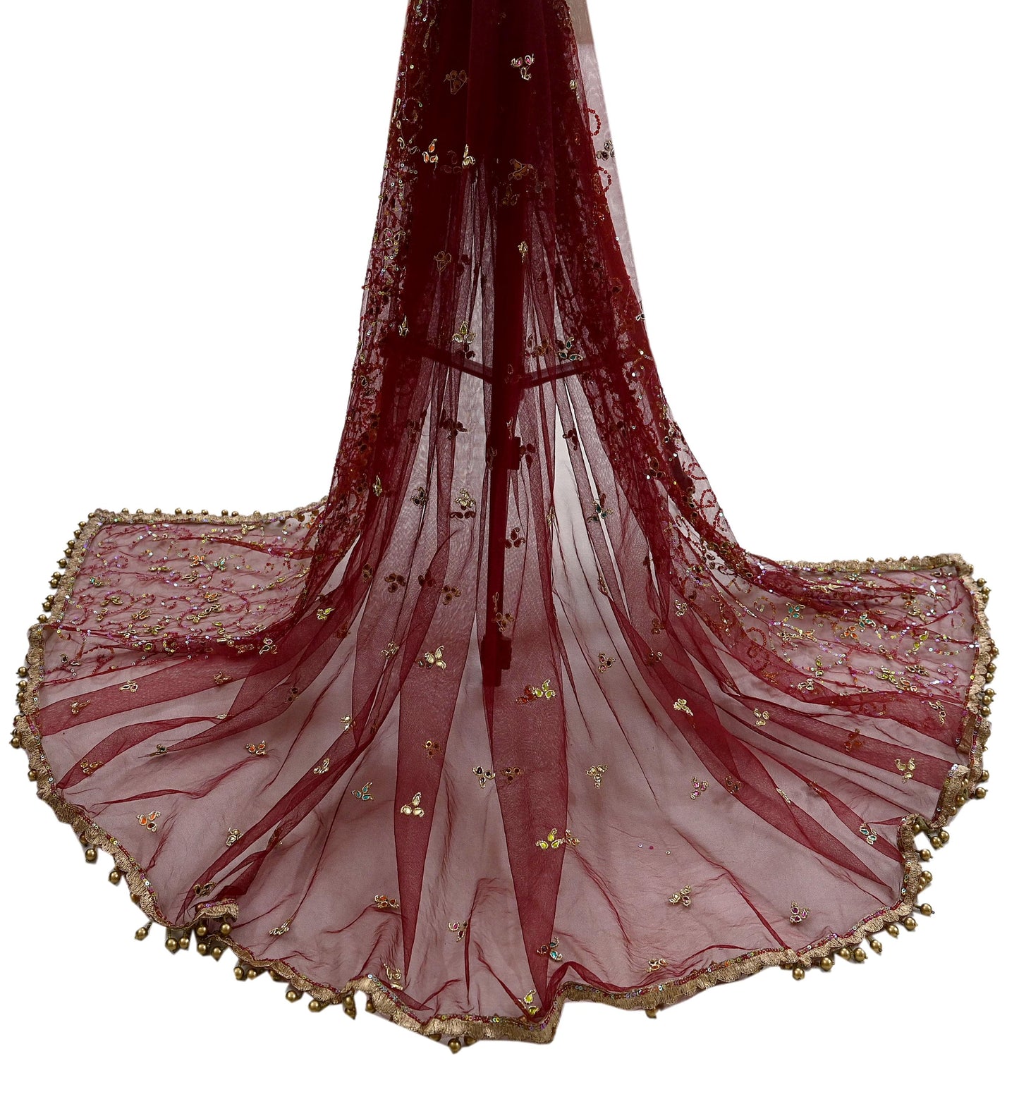 Vintage Bridal Heavy Maroon Net Dupatta Hand Embroidered Zardozi, Dabka, Zari, Sequins Work Wedding Veil Stole