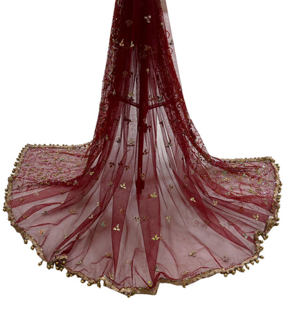 Vintage Bridal Heavy Maroon Net Dupatta Hand Embroidered Zardozi, Dabka, Zari, Sequins Work Wedding Veil Stole