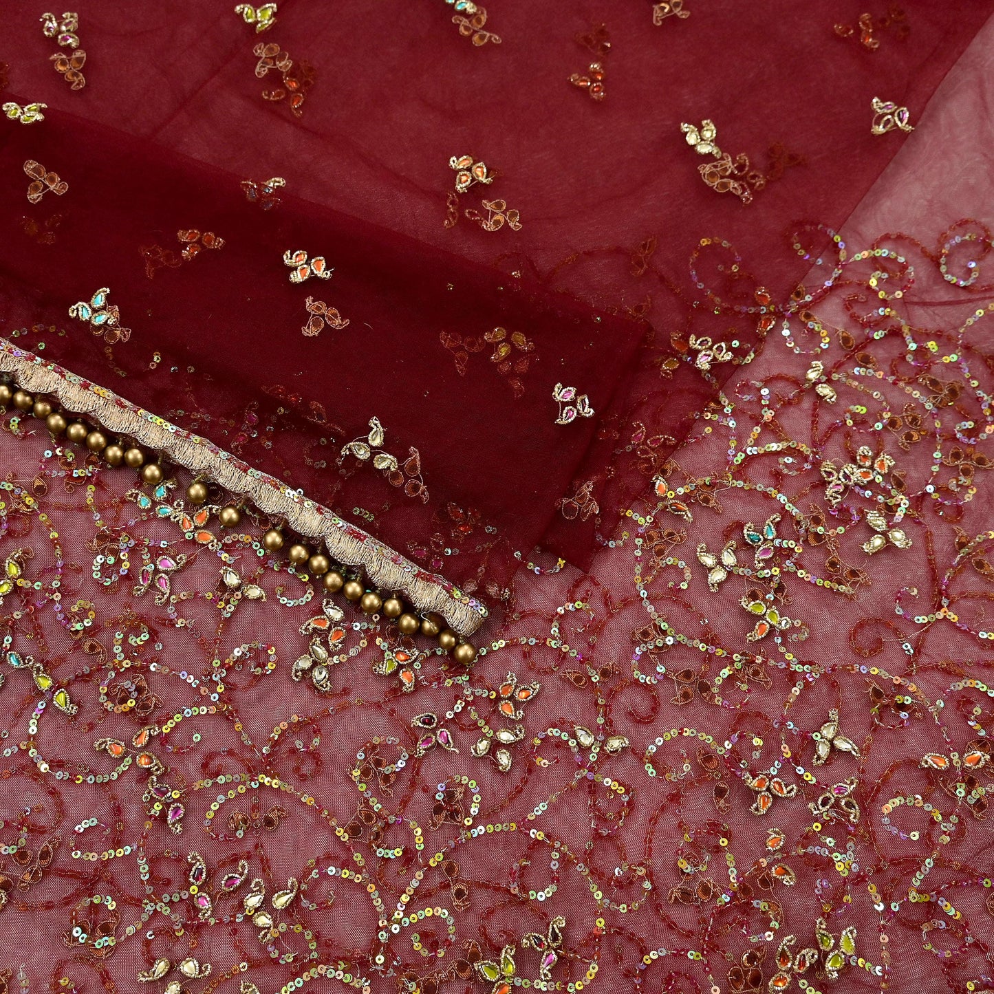Vintage Bridal Heavy Maroon Net Dupatta Hand Embroidered Zardozi, Dabka, Zari, Sequins Work Wedding Veil Stole