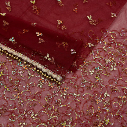 Vintage Bridal Heavy Maroon Net Dupatta Hand Embroidered Zardozi, Dabka, Zari, Sequins Work Wedding Veil Stole
