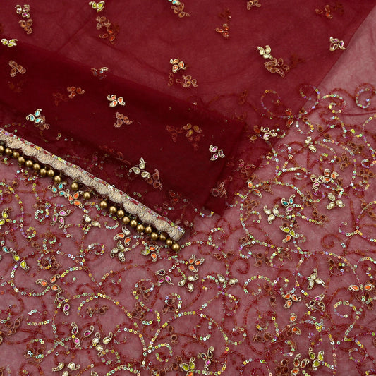 Vintage Bridal Heavy Maroon Net Dupatta Hand Embroidered Zardozi, Dabka, Zari, Sequins Work Wedding Veil Stole