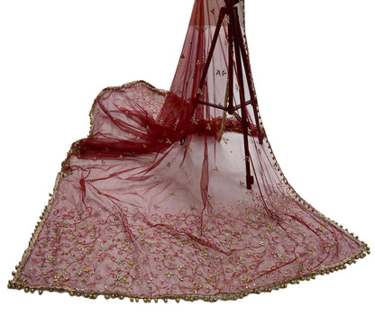 Vintage Bridal Heavy Maroon Net Dupatta Hand Embroidered Zardozi, Dabka, Zari, Sequins Work Wedding Veil Stole