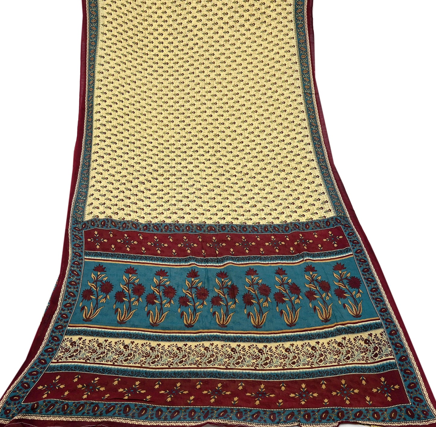 Indian Vintage Sari Yellow & Green Printed 100% Pure Cotton Saree Craft Fabric 5Yd Soft Sewing Sarong Wrap Boho