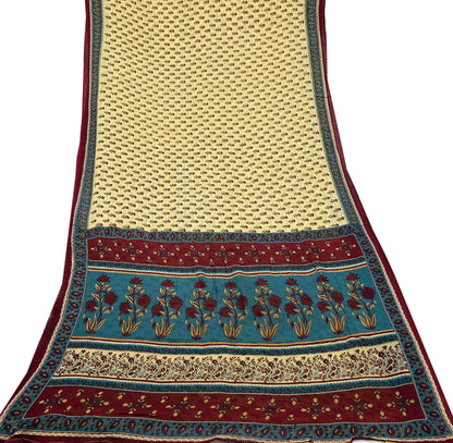 Indian Vintage Sari Yellow & Green Printed 100% Pure Cotton Saree Craft Fabric 5Yd Soft Sewing Sarong Wrap Boho