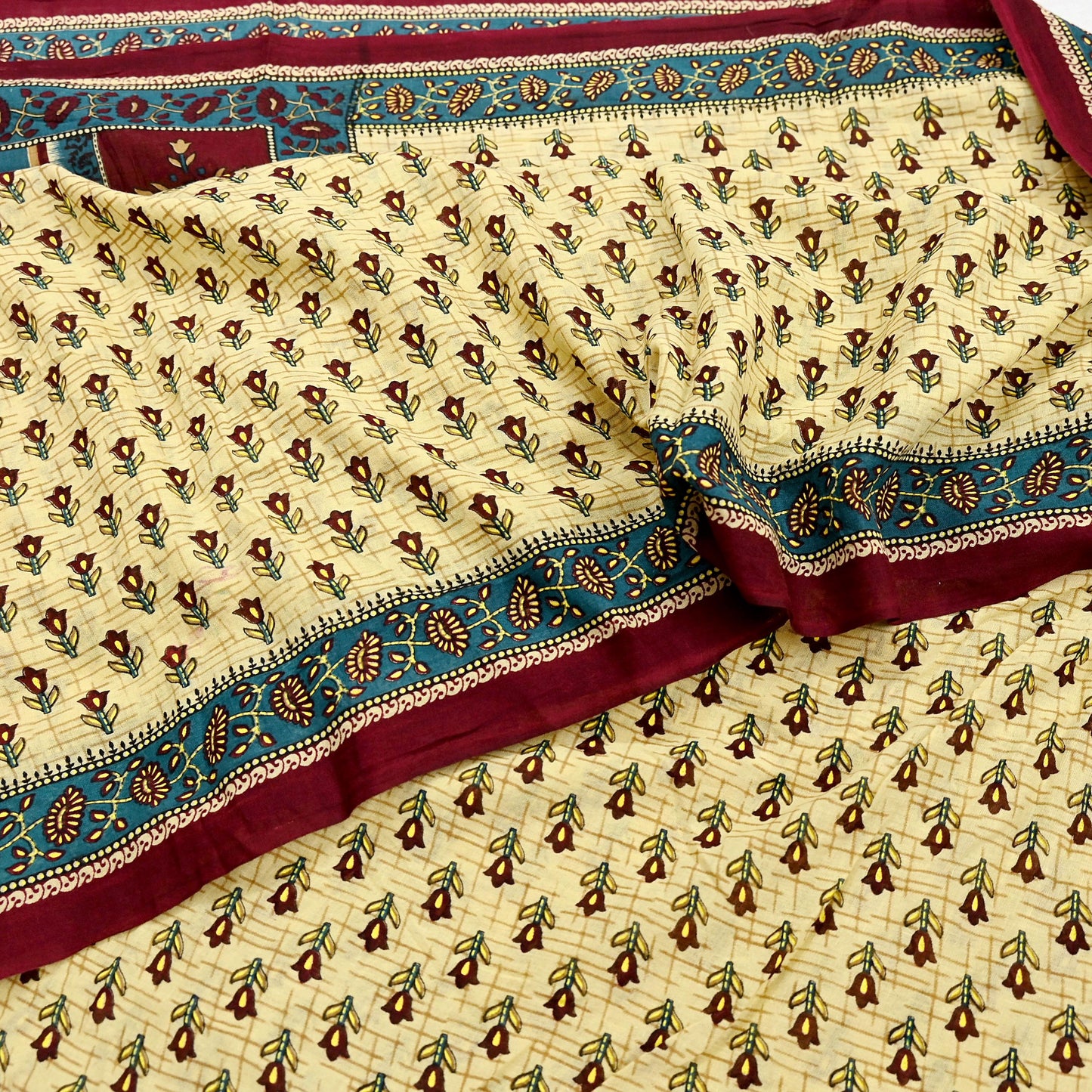 Indian Vintage Sari Yellow & Green Printed 100% Pure Cotton Saree Craft Fabric 5Yd Soft Sewing Sarong Wrap Boho