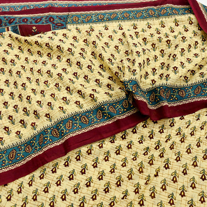 Indian Vintage Sari Yellow & Green Printed 100% Pure Cotton Saree Craft Fabric 5Yd Soft Sewing Sarong Wrap Boho