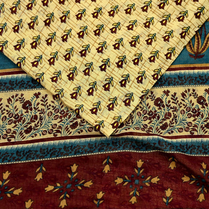 Indian Vintage Sari Yellow & Green Printed 100% Pure Cotton Saree Craft Fabric 5Yd Soft Sewing Sarong Wrap Boho