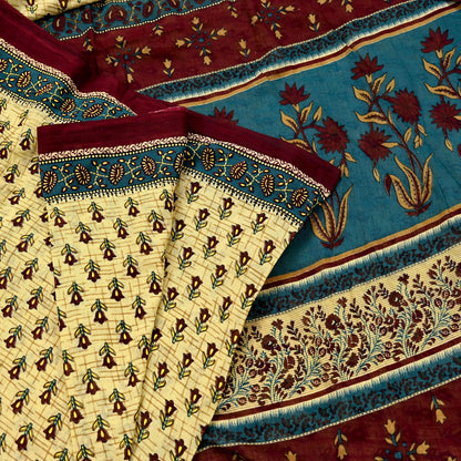 Indian Vintage Sari Yellow & Green Printed 100% Pure Cotton Saree Craft Fabric 5Yd Soft Sewing Sarong Wrap Boho