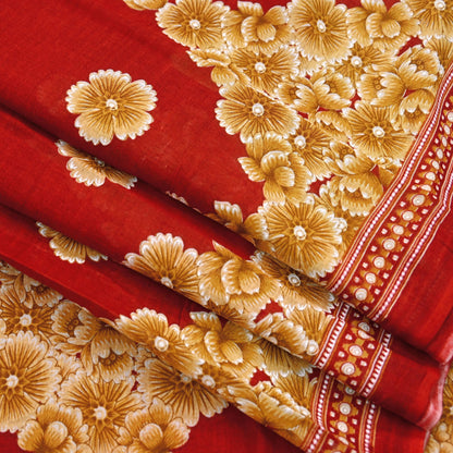 Indian Vintage Red Saree Printed Pure Cotton Sari Craft Fabric Soft 5Yd Sewing Sarong Wrap Boho Quilting Crafting Upcycle Dress making