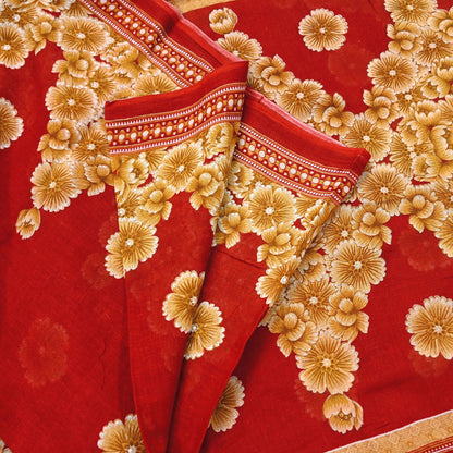 Indian Vintage Red Saree Printed Pure Cotton Sari Craft Fabric Soft 5Yd Sewing Sarong Wrap Boho Quilting Crafting Upcycle Dress making