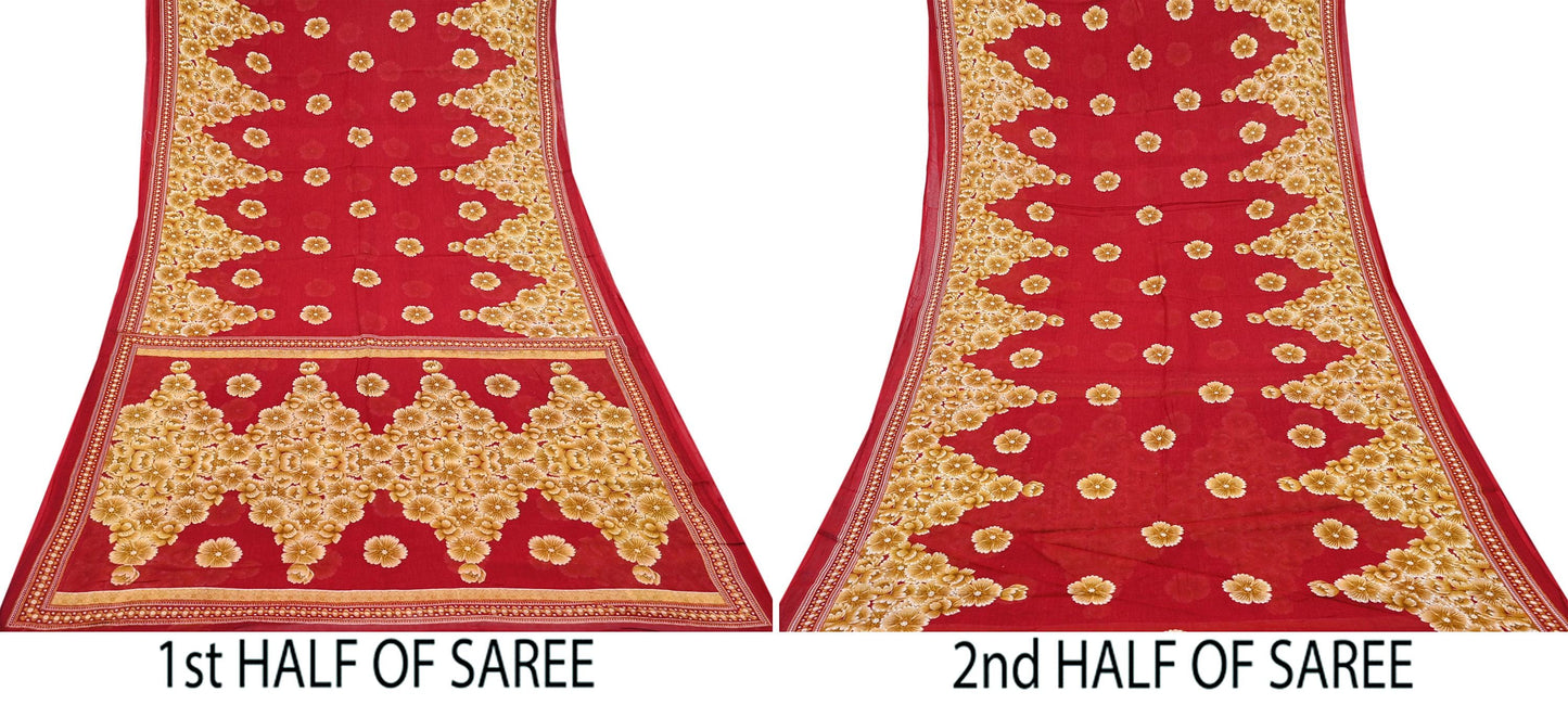 Indian Vintage Red Saree Printed Pure Cotton Sari Craft Fabric Soft 5Yd Sewing Sarong Wrap Boho Quilting Crafting Upcycle Dress making