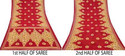 Indian Vintage Red Saree Printed Pure Cotton Sari Craft Fabric Soft 5Yd Sewing Sarong Wrap Boho Quilting Crafting Upcycle Dress making