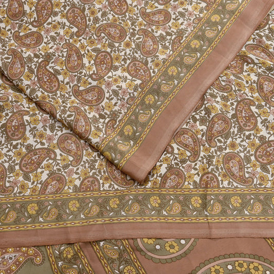 Indian Vintage Brown & Ivory Artificial Silk Printed Saree Floral Design 5 Yards Soft Craft Fabric for Dressmaking, Quilting, Upcycling