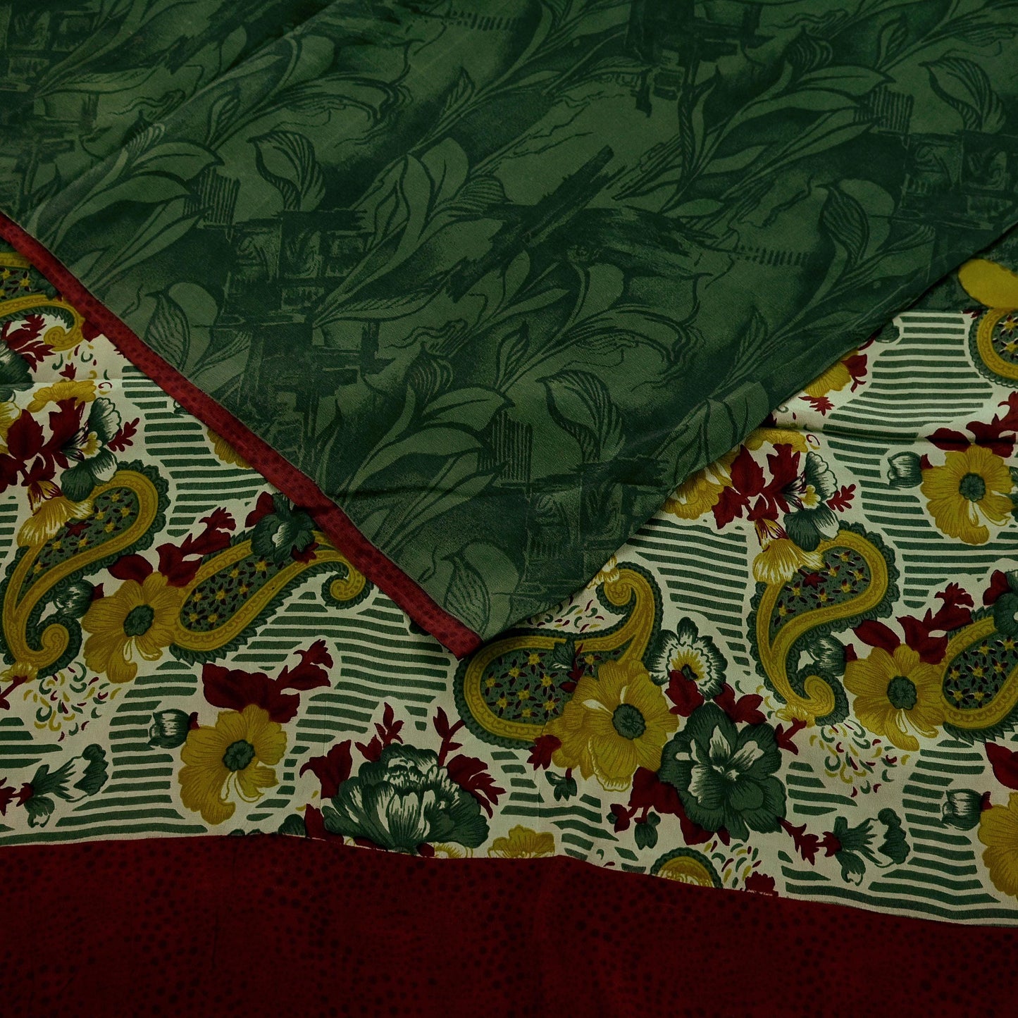 Indian Vintage Sari Green & Maroon Pure Crepe Silk Printed Sarees 5yd Sewing Soft Craft Fabric Wrap Upcycle Quilting Crafting Dress making