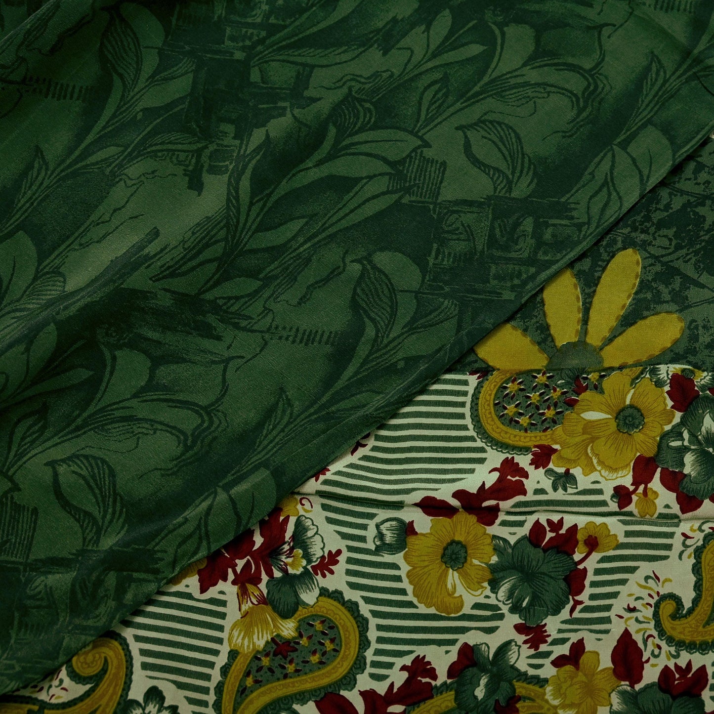 Indian Vintage Sari Green & Maroon Pure Crepe Silk Printed Sarees 5yd Sewing Soft Craft Fabric Wrap Upcycle Quilting Crafting Dress making