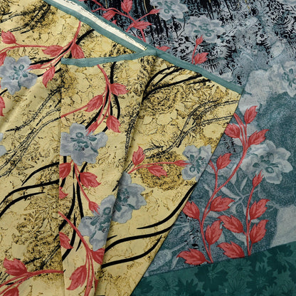 Floral patterns in red, blue, and beige on a printed silk fabric.
