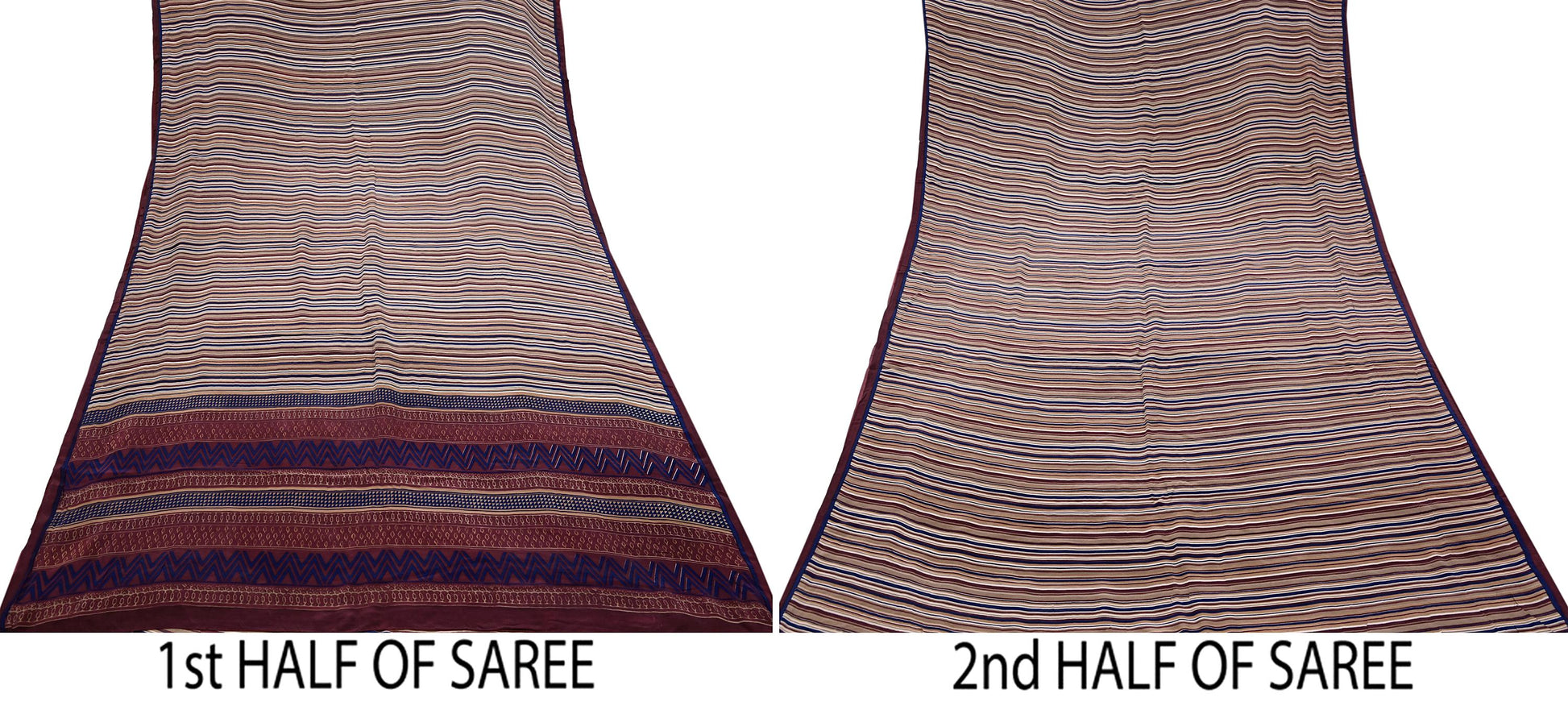 Two halves of a saree with striped patterns on a white background