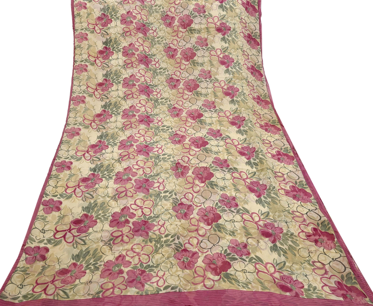 Women Vintage Sari Beige Pure Georgette Silk Digital Printed Saree Craft Fabric Sewing 5Yd Light Dress Making Geometric Crafting Quilting