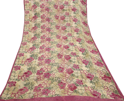 Women Vintage Sari Beige Pure Georgette Silk Digital Printed Saree Craft Fabric Sewing 5Yd Light Dress Making Geometric Crafting Quilting