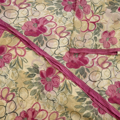 Women Vintage Sari Beige Pure Georgette Silk Digital Printed Saree Craft Fabric Sewing 5Yd Light Dress Making Geometric Crafting Quilting