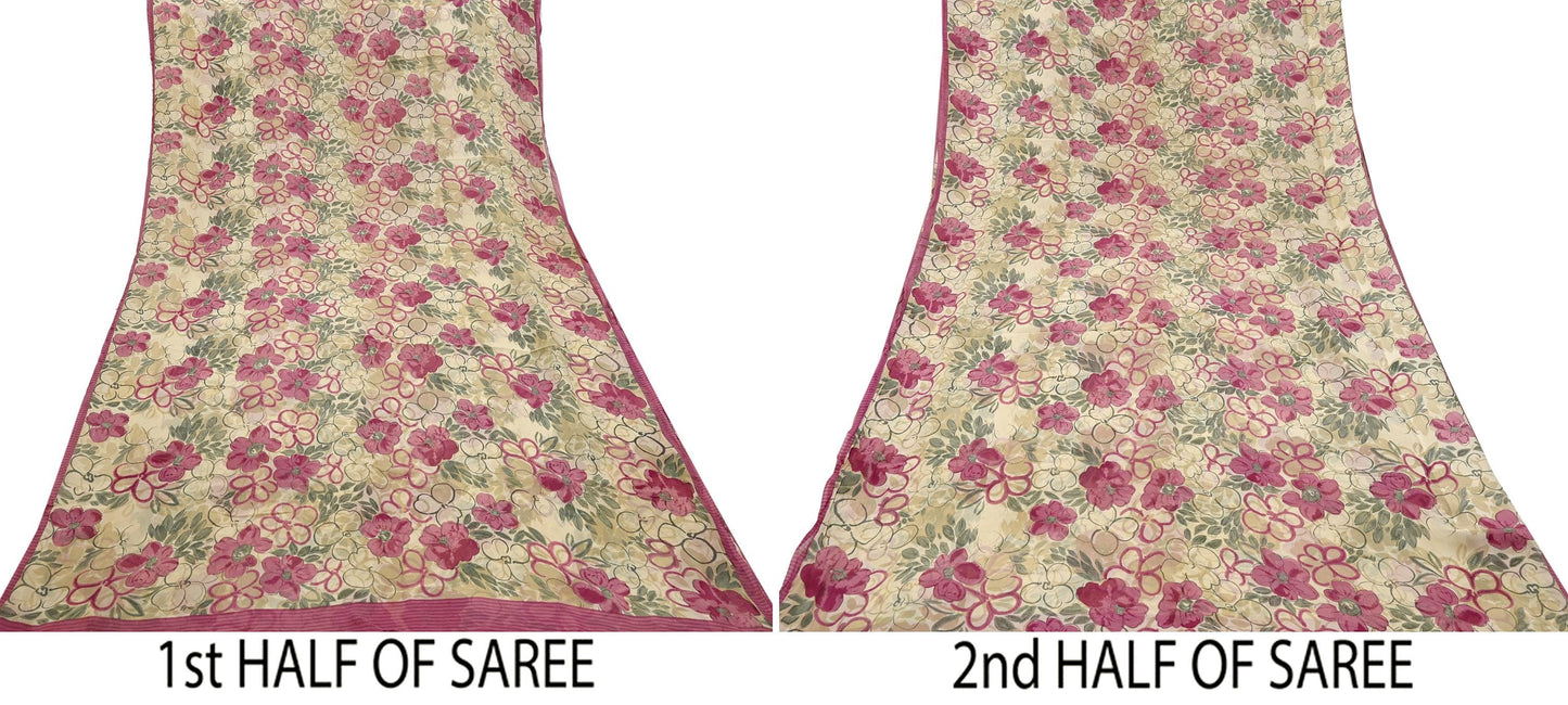 Women Vintage Sari Beige Pure Georgette Silk Digital Printed Saree Craft Fabric Sewing 5Yd Light Dress Making Geometric Crafting Quilting