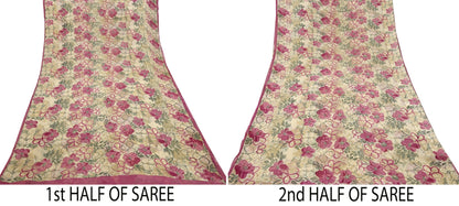 Women Vintage Sari Beige Pure Georgette Silk Digital Printed Saree Craft Fabric Sewing 5Yd Light Dress Making Geometric Crafting Quilting