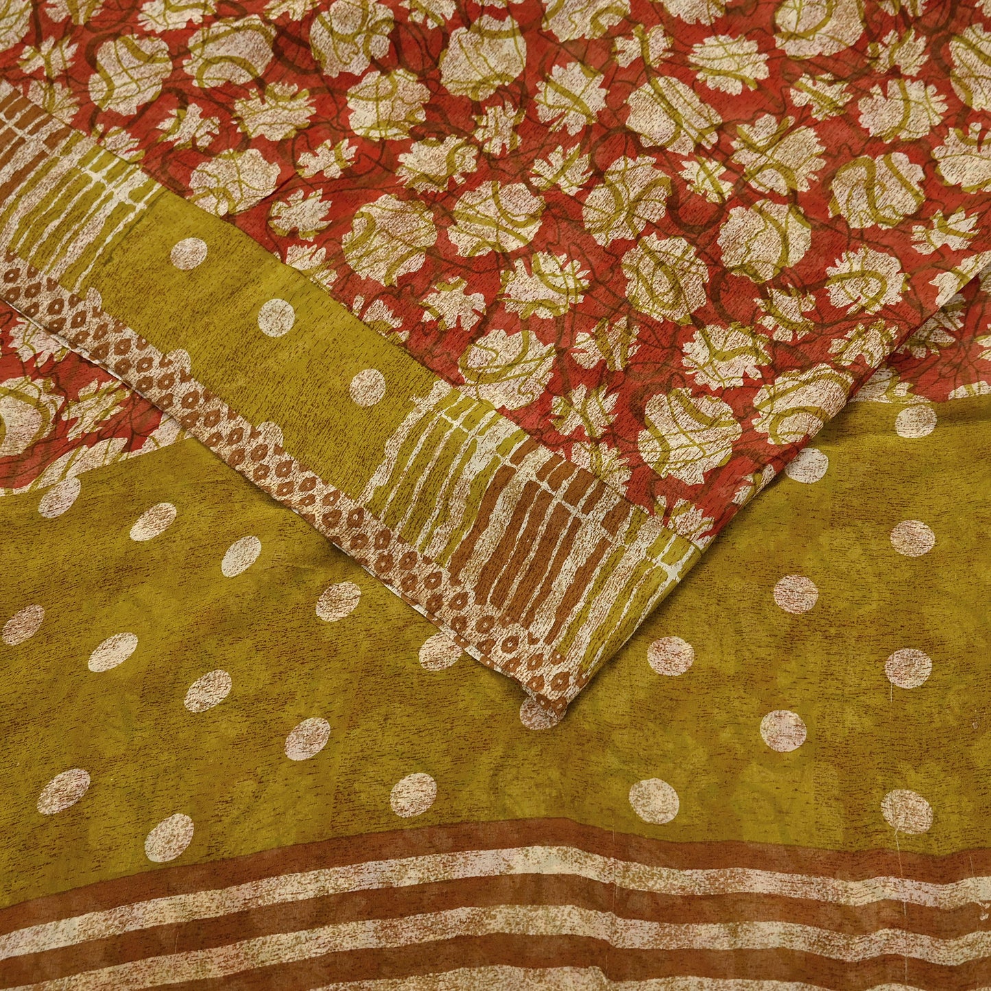 Women Vintage Sari Red & Green 100% Pure Georgette Silk Printed Saree Craft Fabric Sewing 5Yd Soft Sari Dress Making