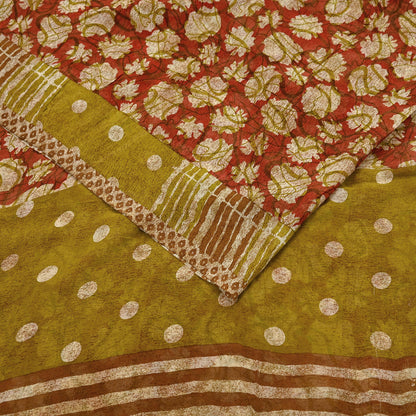 Women Vintage Sari Red & Green 100% Pure Georgette Silk Printed Saree Craft Fabric Sewing 5Yd Soft Sari Dress Making