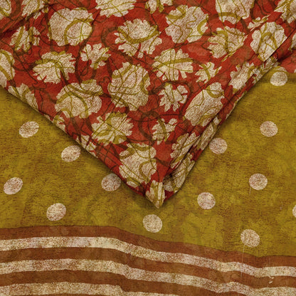 Women Vintage Sari Red & Green 100% Pure Georgette Silk Printed Saree Craft Fabric Sewing 5Yd Soft Sari Dress Making