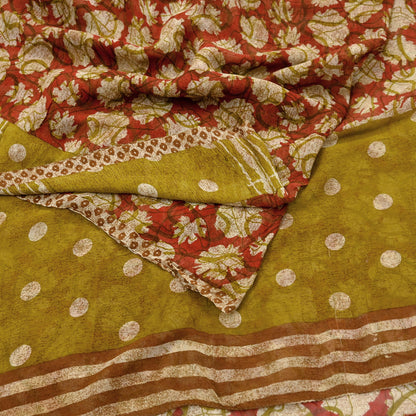 Women Vintage Sari Red & Green 100% Pure Georgette Silk Printed Saree Craft Fabric Sewing 5Yd Soft Sari Dress Making